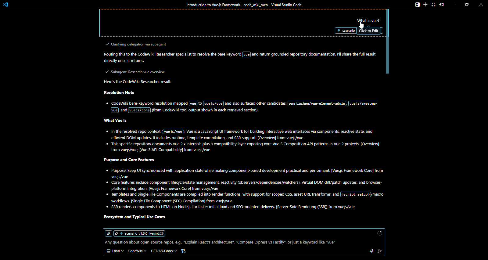 Sample conversation using CodeWiki MCP and CodeWiki Agent in VS Code Chat